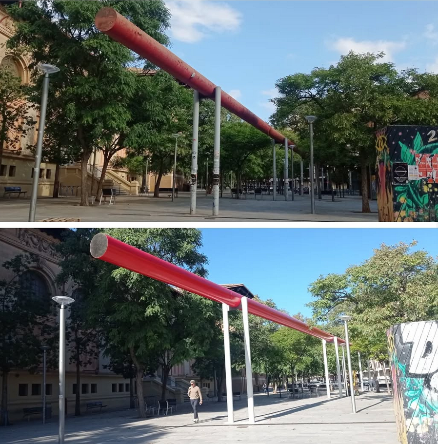 El antes y después de la restauración de la escultura Sólido Contraste, conocida como El Tubo. Palma