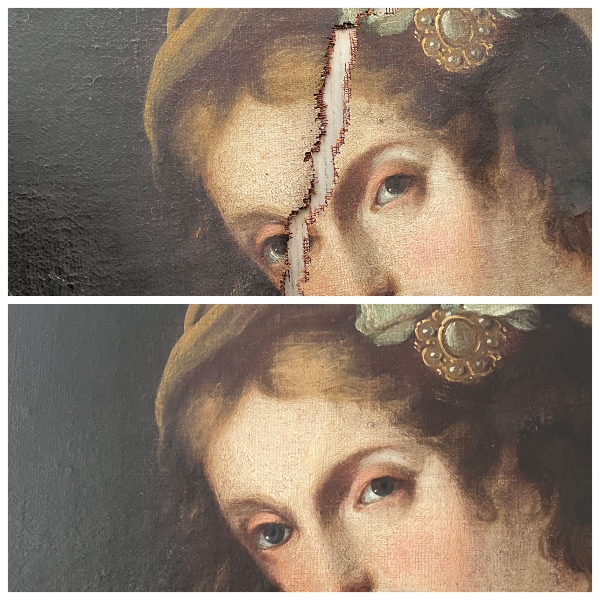 El antes y después de la restauración de la Pintura de Santa Cecilia en la Iglesia de Santa Gertrudis.